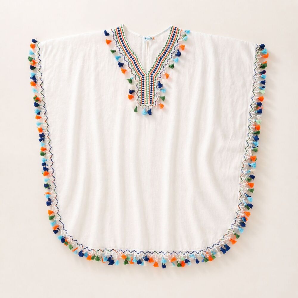 India Boutique White Cotton Beach Cover Up Embroidered Tassel Trim Boho Kaftan